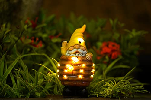 Garden Gnome Statue Decor Bee Solar Gnome Figurine in Resin Bucket with Solar LED Lights Garden Gnome Decoration for Patio Yard Lawn Porch Garden Gifts