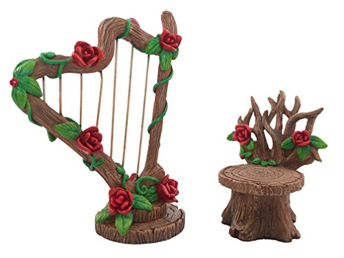 Miniature Rose Harp and Chair Set for The Fairy Garden - Miniature Garden Accessory for The Fairy Figurines by GlitZGlam