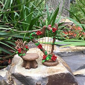 Miniature Rose Harp and Chair Set for The Fairy Garden - Miniature Garden Accessory for The Fairy Figurines by GlitZGlam