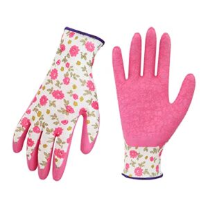 gecp gardening gloves for women, breathable rubber coated, 12 pairs floral yard garden work gloves pink small