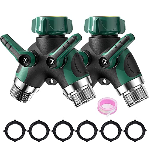 Klmnduo Water Splitter 2 Way, 3/4" Garden Hose splitter Heavy Duty Water Faucet Splitter with Comfortable Rubberized Grip Plus 6 Extra Rubber Washers & PTFE Tape (2 Pack)