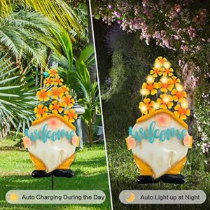 TT & MM Gnomes Garden Stakes Decorative with Solar LED Light - Metal Gnome Gifts Gnomes Decorations for Yard Art, Outdoor Decor, Home, Outside, Patio, Lawn (Yellow)