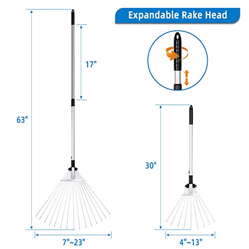 Decorlife 2-Pack Adjustable Yard Rake Set, Include 15-Tine 63" Rake and 9-Tine 30" Rake, Extendable Handle and Adjustable Head, Multipurpose Garden Leaf Rake Kit
