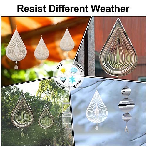 Tsocent Wind Spinners, 2 Pack 12in 3D Stainless Steel Outdoor Hanging Wind Spinner with 2X Water Drop Pendant and 3X 360° Rotating Hook, Reflective Decor for Outside Yard and Garden (2 Pack)