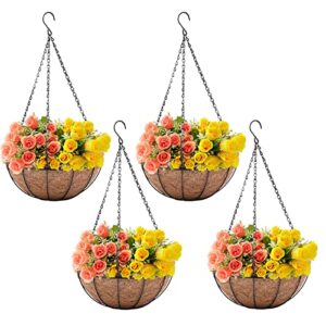 fufuuiqy 4 pack metal hanging planter basket with coco coir liner outdoor 8 inch chain round wire plant holder flower pots hanging baskets for plants outdoor garden decorations