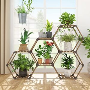 allinside hexagonal plant stand indoor, wood outdoor plant shelf for plants, 7 potted ladder plant holder transformable plant pot stand for corner window garden balcony living room – 7 tiers