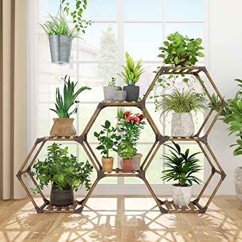 Allinside Hexagonal Plant Stand Indoor, Wood Outdoor Plant Shelf for Plants, 7 Potted Ladder Plant Holder Transformable Plant Pot Stand for Corner Window Garden Balcony Living Room - 7 Tiers