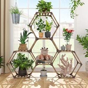 Allinside Hexagonal Plant Stand Indoor, Wood Outdoor Plant Shelf for Plants, 7 Potted Ladder Plant Holder Transformable Plant Pot Stand for Corner Window Garden Balcony Living Room - 7 Tiers