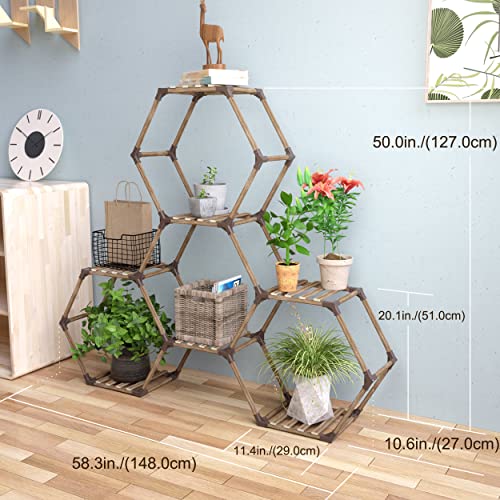 Allinside Hexagonal Plant Stand Indoor, Wood Outdoor Plant Shelf for Plants, 7 Potted Ladder Plant Holder Transformable Plant Pot Stand for Corner Window Garden Balcony Living Room - 7 Tiers