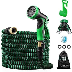 wohous expandable garden hose 100ft – 9 function spray nozzle and 4-layer latex core with 3/4″ solid brass fittings, anti-leakage retractable garden hose (100 ft- green)