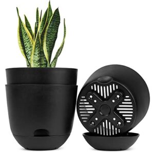 qcqhdu plant pots,3 pack 8 inch self watering planters high drainage with deep saucer reservoir for indoor & outdoor garden flowers plant pot-black