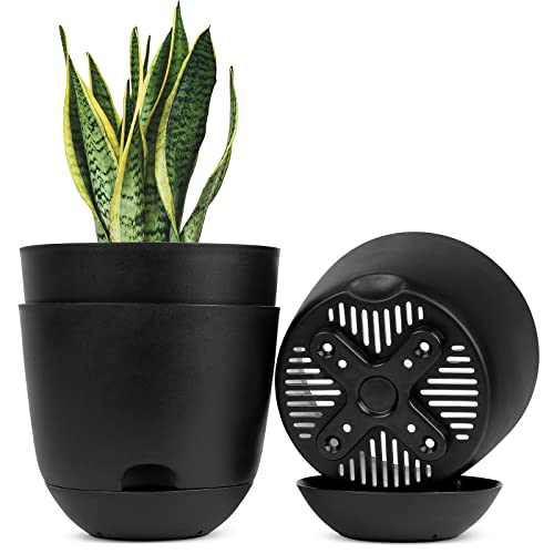 QCQHDU Plant Pots,3 Pack 8 inch Self Watering Planters High Drainage with Deep Saucer Reservoir for Indoor & Outdoor Garden Flowers Plant Pot-Black