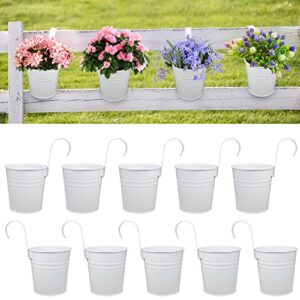 4 inch metal iron hanging flower plant pots,10 pack colorful balcony garden planters with hanging fence plant planter with detachable hook (white)