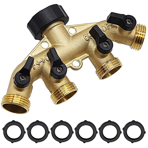 Brass Hose Splitter 4 Way, 3/4" Garden Hose Faucet Manifold, Hose Spigot Adapter 4 Valves with 5 Extra Rubber Washers