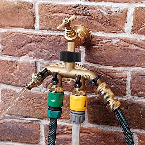 Brass Hose Splitter 4 Way, 3/4" Garden Hose Faucet Manifold, Hose Spigot Adapter 4 Valves with 5 Extra Rubber Washers