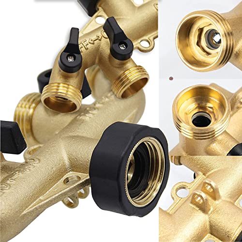 Brass Hose Splitter 4 Way, 3/4" Garden Hose Faucet Manifold, Hose Spigot Adapter 4 Valves with 5 Extra Rubber Washers