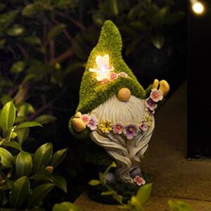 DiliComing Garden Gnomes Decoration for Yard - Outdoor Gnome Statue with Solar Light, Dwarf Sculpture for Outside Patio Porch Lawn Decor, Spring Decorations for Home