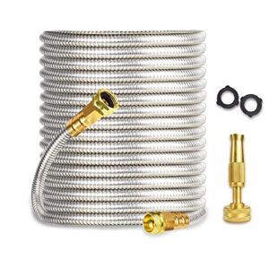 Metal Garden Hose 75FT Heavy Duty Lightweight 304 Stainless Steel Metal Water Hose with Brass Nozzle,Durable Fittings,No Kink & Tangle,Puncture Resistant,for Outdoor, Yard,Lightweight (75ft)