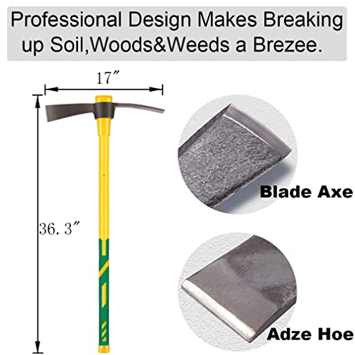 glorousamc Cutter Mattock, 36" Heavy Duty Pick Axe with Forged Heat Treated Steel Blades Hoe for Weeding, Prying and Chopping, Digging Tool with Fiberglass Handle (36.3inch, Yellow)