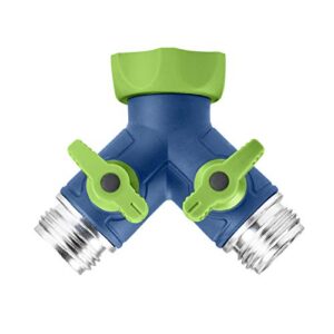 green mount garden hose connector tap splitter, y hose connector, easy grip splitter with shut-off valves (two way)
