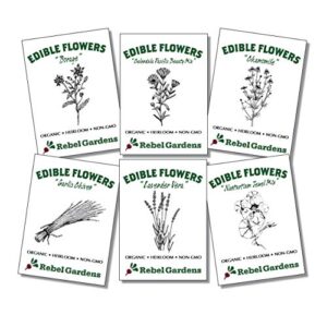 organic edible flower seeds – non gmo variety pack for planting outdoors – nastrurtium, lavender, borage, chives, chamomile, clendula
