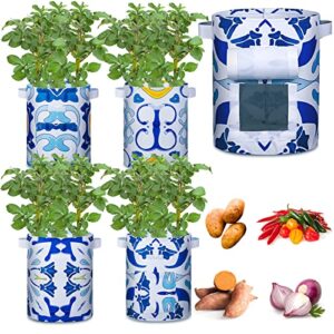 4 pcs boho potato grow bags with flap 5 gallon garden planting bag with handles and harvest window boho garden pots thickened tomato planter for potato tomato vegetable and fruits