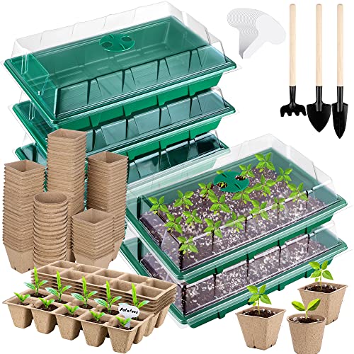 Hahood 6 Sets Cells Seed Starter Tray Kit with Humidity Dome and Base Seed Starter Peat Pots Germination Trays Including Plastic Plant Growing Trays for Indoor Outdoor Gardening, Green