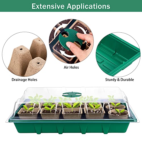 Hahood 6 Sets Cells Seed Starter Tray Kit with Humidity Dome and Base Seed Starter Peat Pots Germination Trays Including Plastic Plant Growing Trays for Indoor Outdoor Gardening, Green