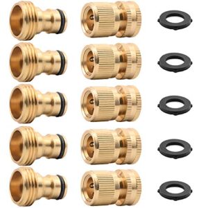adrivwell garden water hose quick connectors 3/4 inches brass easy connect hose adapter(5 sets of male & female connector) with extra rubber washers