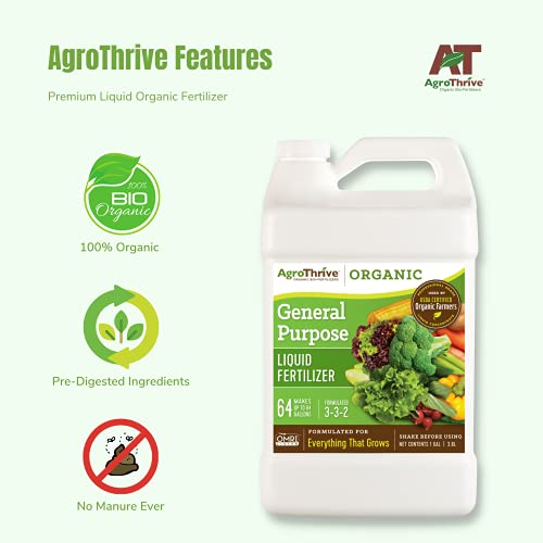 AgroThrive All Purpose Organic Liquid Fertilizer - 3-3-2 NPK (ATGP1128) (1 Gal) for Lawns, Vegetables, Greenhouses, Herbs and Everything Else that Grows
