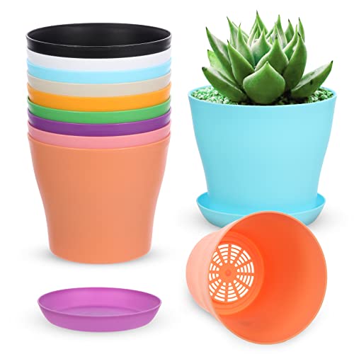 ruishetop 18 Pack 5.5 inch Plastic Flower Pot Indoor/Outdoor Decorative Plant Pots with Drainage Holes and Tray for Home Garden Plants Flowers Succulents Cactus (Colorful)