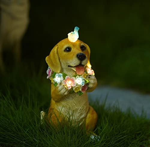 Pohabery Dog Garden Statue Dog Statue Solar Dog and Butterfly LED Lights Figurine Outdoor Decoration for Patio Yard Lawn