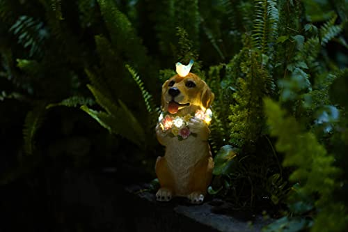 Pohabery Dog Garden Statue Dog Statue Solar Dog and Butterfly LED Lights Figurine Outdoor Decoration for Patio Yard Lawn