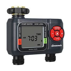 dewenwils sprinkler timer 2 zone, outdoor garden water hose timer programmable, automatic faucet watering irrigation timer for yard lawn, auto manual rain delay mode, low battery warning