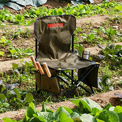 IDEALUX Garden Tools Set, Gardening Outdoor Folding Camping Chairs with Garden Tool Bag, 3 Steel Garden Tools, Gardening Seats Gardening Chair Seniors with Garden Folding Stool Lawn Chair（Army Green）