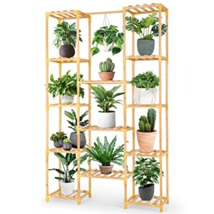 plant stand indoor outdoor,yuego 13 tier bamboo plant stand 56in tall plant stand adjustable shape plant stands indoor with one top hanging rod multiple usage 100% bamboo shelf for patio garden corner balcony living room