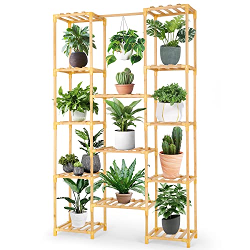 Plant Stand Indoor Outdoor,Yuego 13 Tier Bamboo Plant Stand 56in Tall Plant Stand Adjustable Shape Plant Stands Indoor With One Top Hanging Rod Multiple Usage 100% Bamboo Shelf For Patio Garden Corner Balcony Living Room