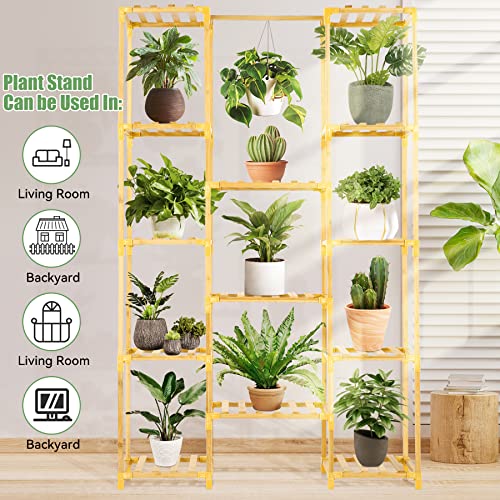 Plant Stand Indoor Outdoor,Yuego 13 Tier Bamboo Plant Stand 56in Tall Plant Stand Adjustable Shape Plant Stands Indoor With One Top Hanging Rod Multiple Usage 100% Bamboo Shelf For Patio Garden Corner Balcony Living Room