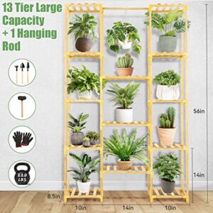 Plant Stand Indoor Outdoor,Yuego 13 Tier Bamboo Plant Stand 56in Tall Plant Stand Adjustable Shape Plant Stands Indoor With One Top Hanging Rod Multiple Usage 100% Bamboo Shelf For Patio Garden Corner Balcony Living Room