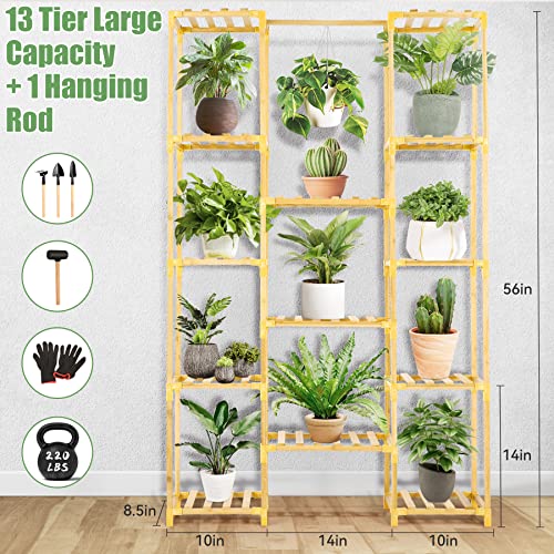 Plant Stand Indoor Outdoor,Yuego 13 Tier Bamboo Plant Stand 56in Tall Plant Stand Adjustable Shape Plant Stands Indoor With One Top Hanging Rod Multiple Usage 100% Bamboo Shelf For Patio Garden Corner Balcony Living Room