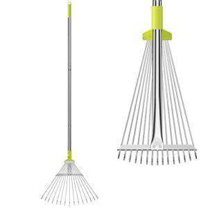 adjustable garden leaf rake 4.5ft, collapsible metal yard rake for leaves with expandable head 7-16″, collect loose debris for lawns camping shrubs and rose bushes heavy duty