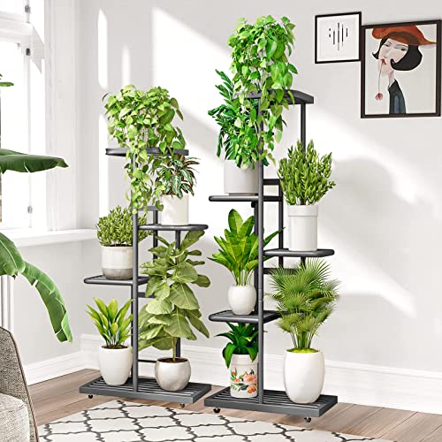 YIZAIJIA Plant Stand Metal 5 Tier 6 Potted Indoor Outdoor Multiple Flower Pot Holder Shelf Corner Planter Display Rack for Living Room Patio Garden Balcony (5 Tier 6 Potted, Dark Grey)