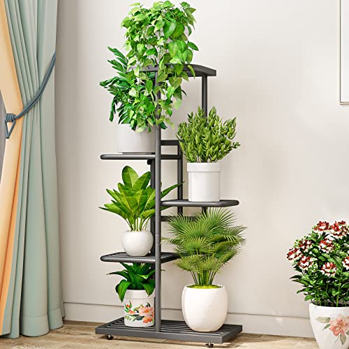 YIZAIJIA Plant Stand Metal 5 Tier 6 Potted Indoor Outdoor Multiple Flower Pot Holder Shelf Corner Planter Display Rack for Living Room Patio Garden Balcony (5 Tier 6 Potted, Dark Grey)