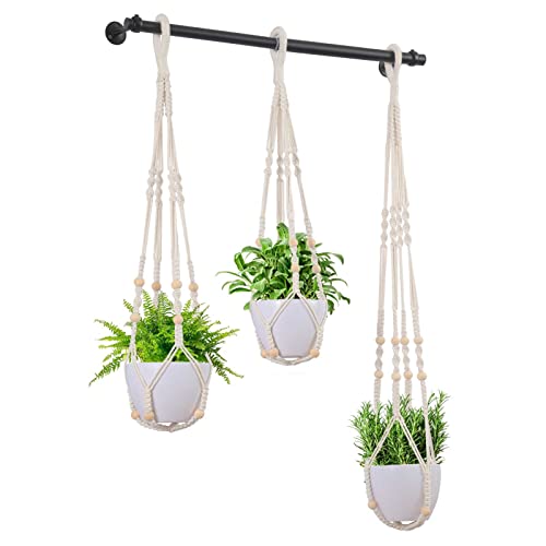 Lorbro Hanging Planter with 3 Macrame Plant Hanger, Wall/Window Plant Hanger with 3 Plants Pots, Hanging Plant Holder for Home Decor, Indoor Outdoor Herb Garden (Black)