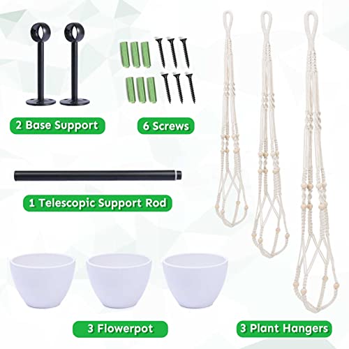 Lorbro Hanging Planter with 3 Macrame Plant Hanger, Wall/Window Plant Hanger with 3 Plants Pots, Hanging Plant Holder for Home Decor, Indoor Outdoor Herb Garden (Black)