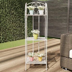 pure garden plant stand – 3-tier vertical shelf indoor or outdoor folding wrought iron home garden display with laser cut shelves (antique white)