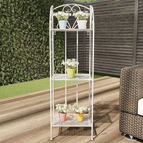 Pure Garden Plant Stand – 3-Tier Vertical Shelf Indoor or Outdoor Folding Wrought Iron Home Garden Display with Laser Cut Shelves (Antique White)