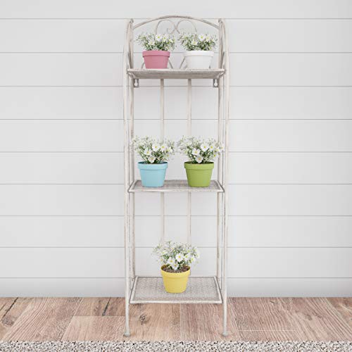 Pure Garden Plant Stand – 3-Tier Vertical Shelf Indoor or Outdoor Folding Wrought Iron Home Garden Display with Laser Cut Shelves (Antique White)