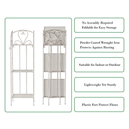 Pure Garden Plant Stand – 3-Tier Vertical Shelf Indoor or Outdoor Folding Wrought Iron Home Garden Display with Laser Cut Shelves (Antique White)