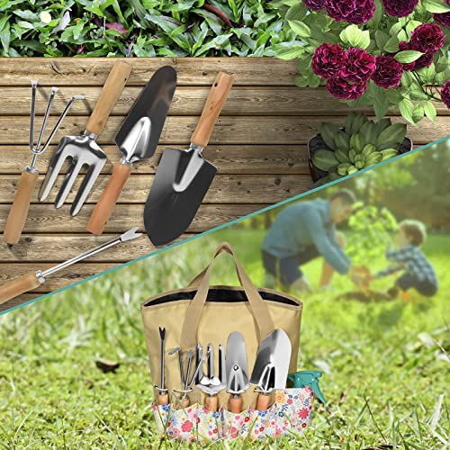 Garden Tools Set 25PCS, Gardening Gifts for Women, Succulent Tool Rust-Proof, Heavy-Duty Hand Tool Kits with Floral Organizer Bag